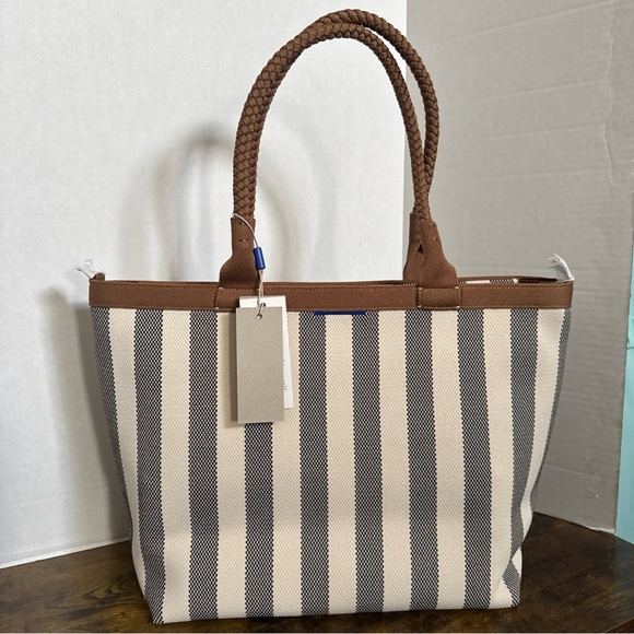 ROTHYS Rothy's The Lightweight Zip Tote Cabana Stripe Cream Black Camel NEW Tags - Picture 2 of 14